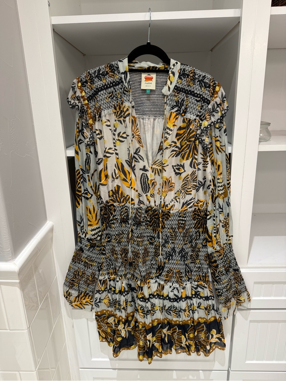 FARM Rio Black, Yellow and White Floral Long-Sleeve Smocked Mini Dress